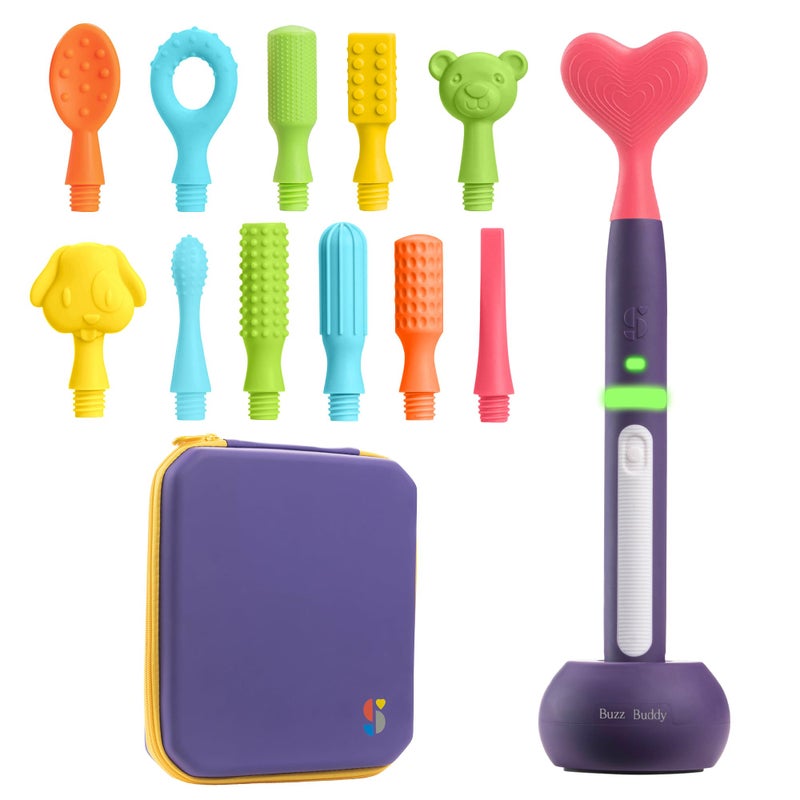 مجموعة تحفيز الفم Buzz Buddy القابلة لإعادة الشحن من Special Supplies مع 12 رأسًا ناعمًا وقابلًا للتبديل لتلبية الاحتياجات الحسية ودعم الكلام وتحفيز التغذية الذاتية مع اهتزازات لطيفة